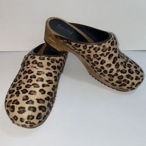 Sanita Cheetah Print Calf Hair Wood Sole Clogs EU 40 US 9 Brown Animal Slip On